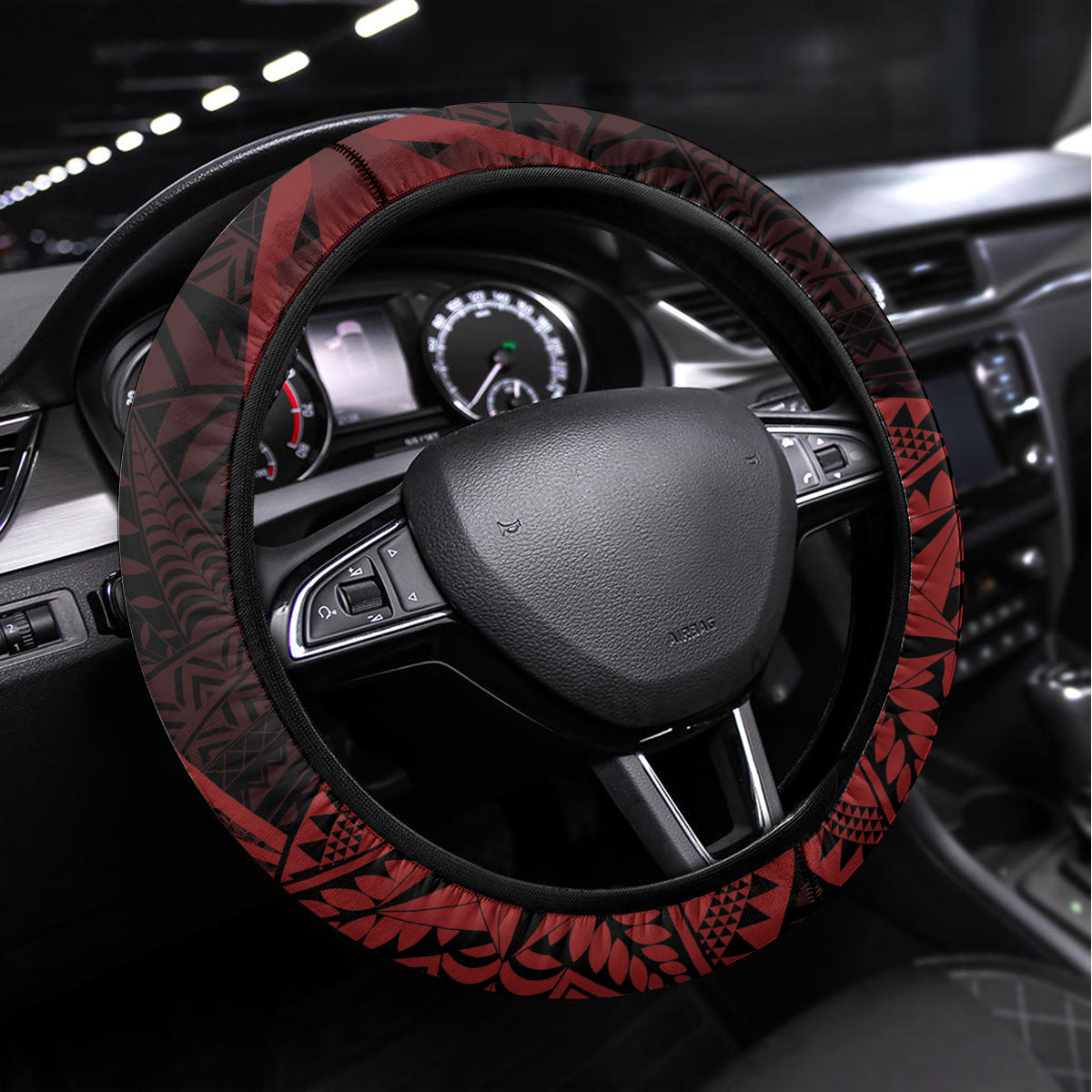 Tonga Independence Day Steering Wheel Cover Tongatapu Lion Ngatu Motifs Black Ver. LT7 Universal Fit Black - Polynesian Pride
