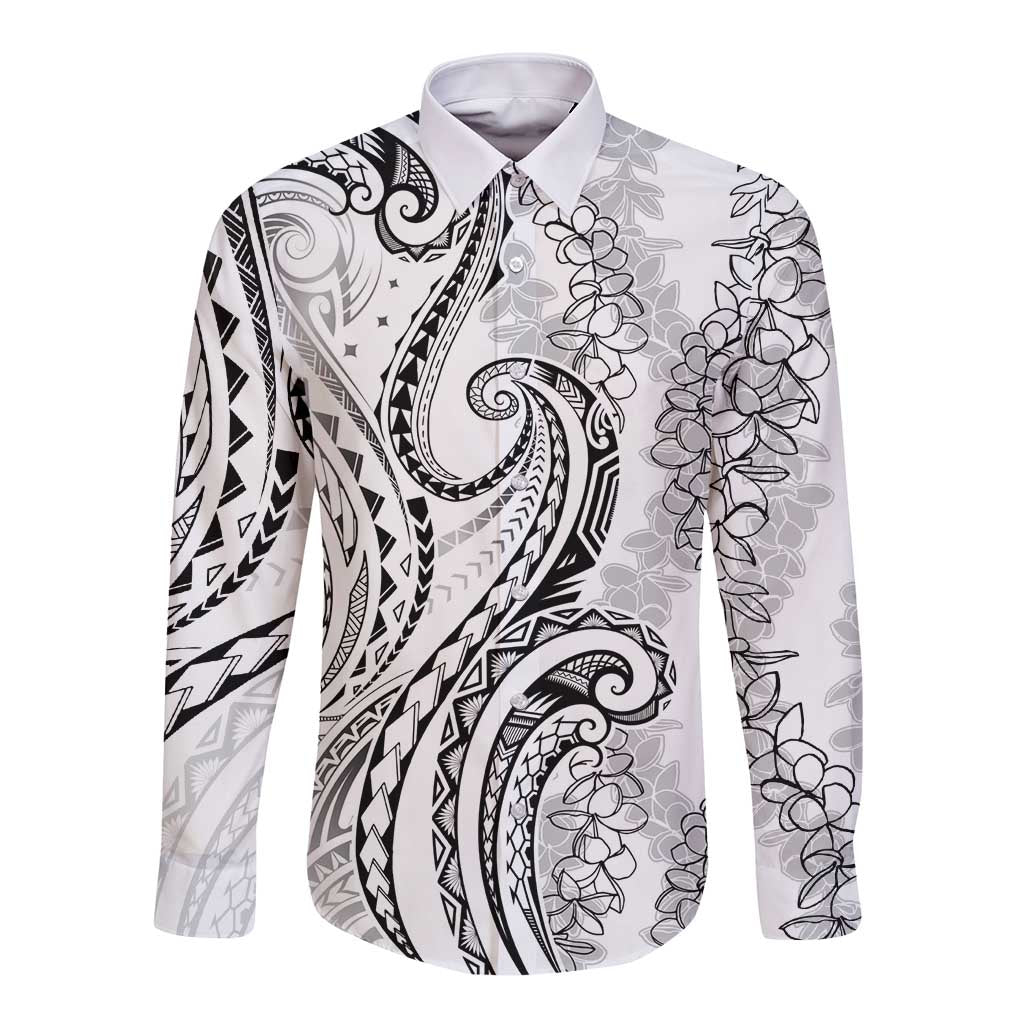 Polynesia Plumeria Lei Long Sleeve Button Shirt White Curves Motif LT7 Unisex White - Polynesian Pride