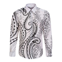Polynesia Plumeria Lei Long Sleeve Button Shirt White Curves Motif LT7 Unisex White - Polynesian Pride