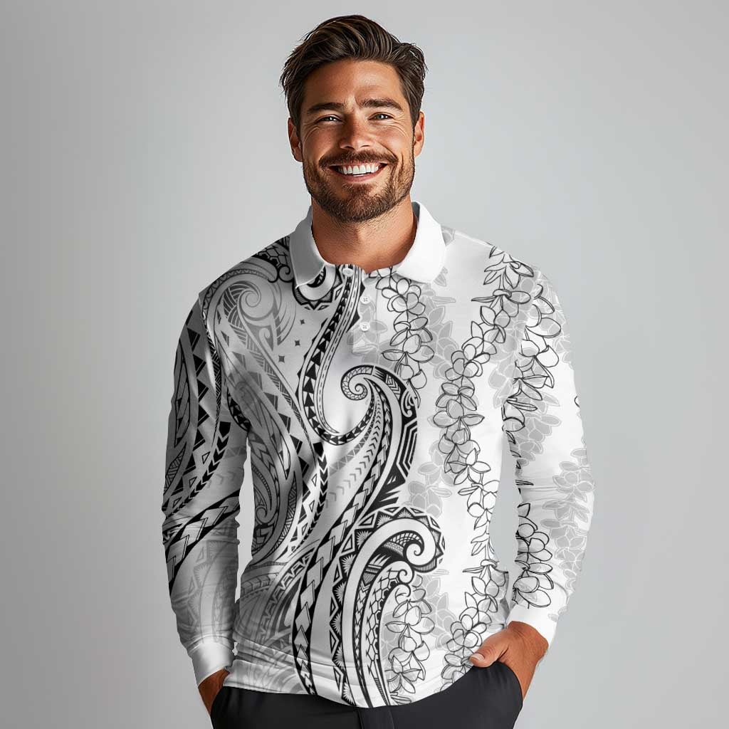 Polynesia Plumeria Lei Long Sleeve Polo Shirt White Curves Motif LT7 - Polynesian Pride