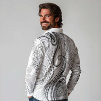 Polynesia Plumeria Lei Long Sleeve Polo Shirt White Curves Motif LT7 - Polynesian Pride