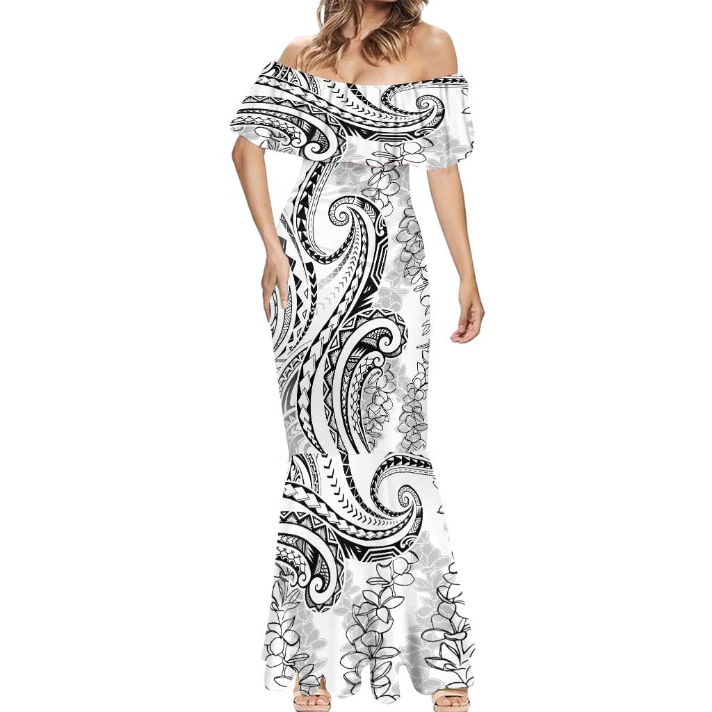 Polynesia Plumeria Lei Mermaid Dress White Curves Motif LT7 - Polynesian Pride