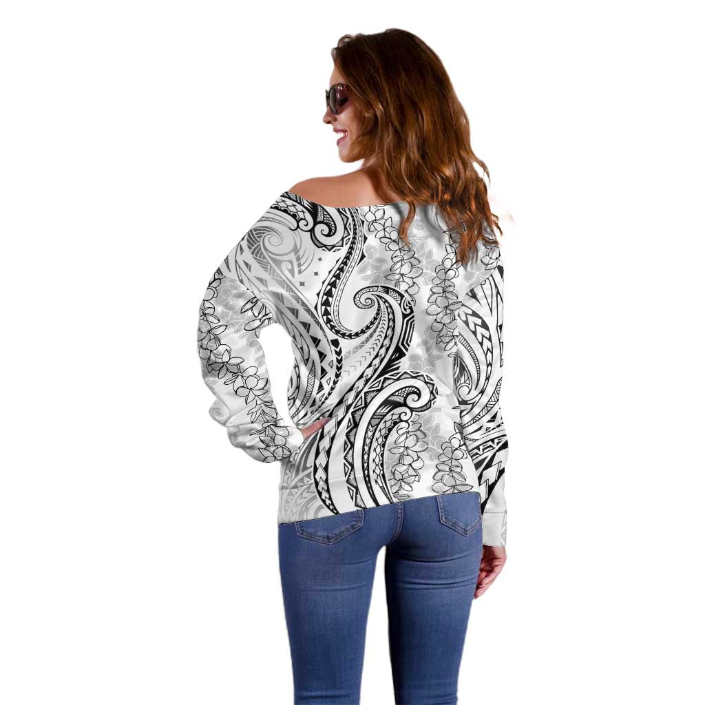 Polynesia Plumeria Lei Off Shoulder Sweater White Curves Motif LT7 - Polynesian Pride
