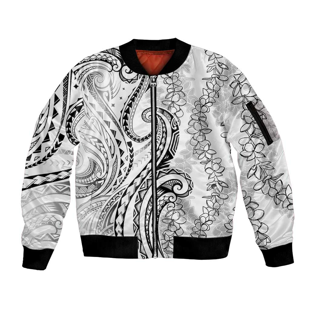 Polynesia Plumeria Lei Sleeve Zip Bomber Jacket White Curves Motif LT7 Unisex White - Polynesian Pride