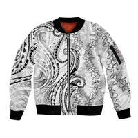 Polynesia Plumeria Lei Sleeve Zip Bomber Jacket White Curves Motif LT7 Unisex White - Polynesian Pride