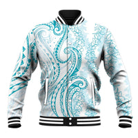 Polynesia Plumeria Lei Baseball Jacket White Turquoise Curves Motif LT7 Unisex Turquoise - Polynesian Pride