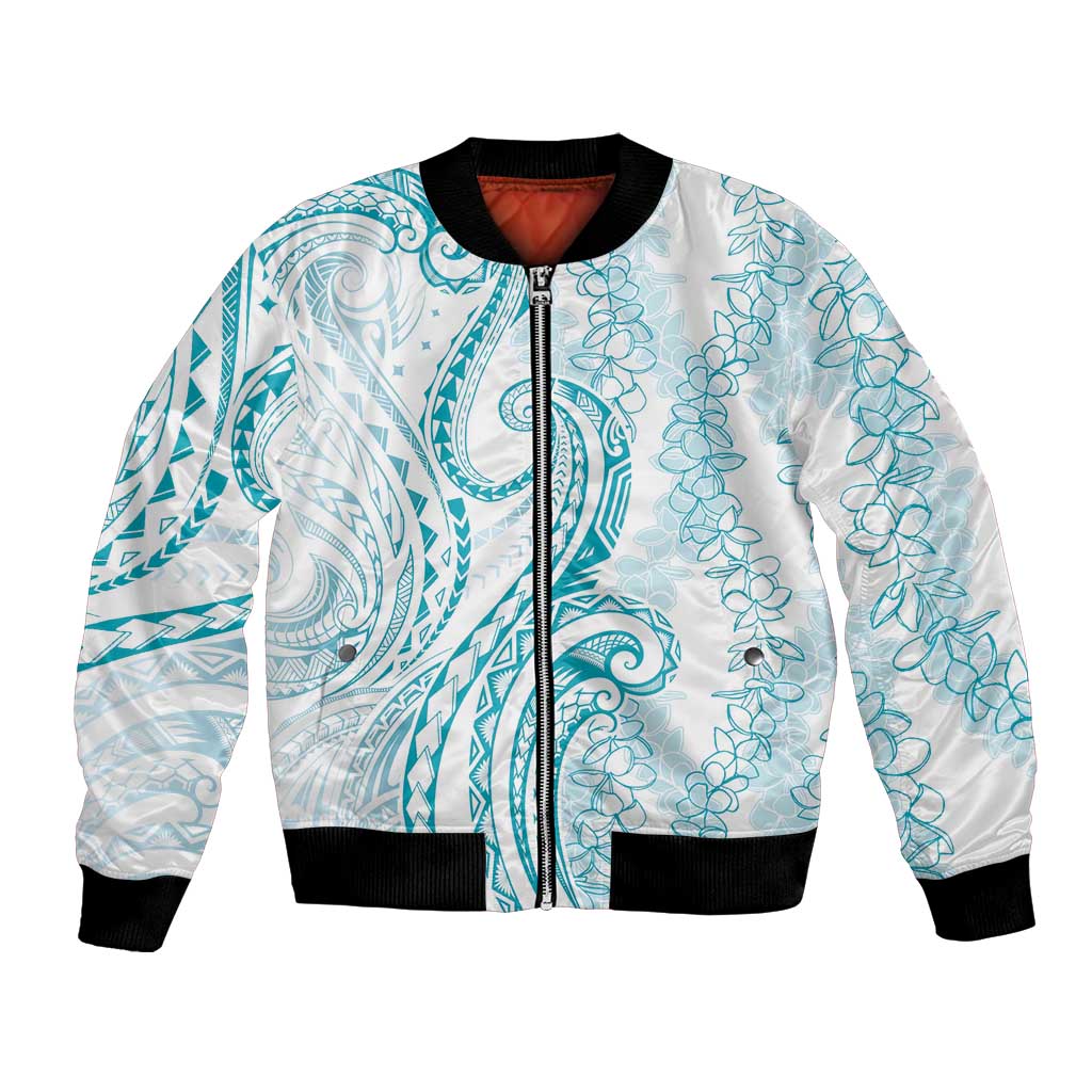 Polynesia Plumeria Lei Bomber Jacket White Turquoise Curves Motif LT7 Unisex Turquoise - Polynesian Pride