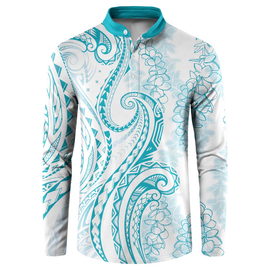 Polynesia Plumeria Lei Button Sweatshirt White Turquoise Curves Motif LT7 Turquoise - Polynesian Pride
