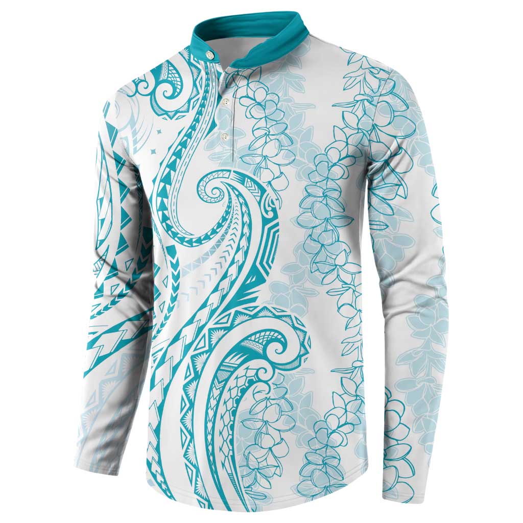 Polynesia Plumeria Lei Button Sweatshirt White Turquoise Curves Motif LT7 - Polynesian Pride