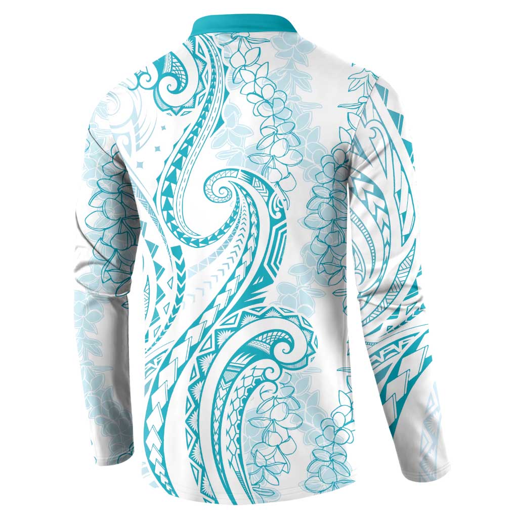 Polynesia Plumeria Lei Button Sweatshirt White Turquoise Curves Motif LT7 - Polynesian Pride
