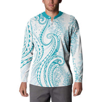 Polynesia Plumeria Lei Button Sweatshirt White Turquoise Curves Motif LT7 - Polynesian Pride