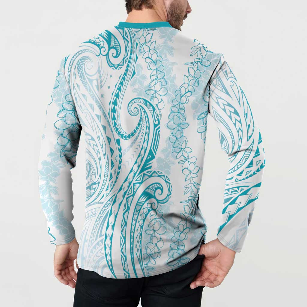 Polynesia Plumeria Lei Button Sweatshirt White Turquoise Curves Motif LT7 - Polynesian Pride