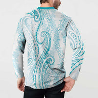 Polynesia Plumeria Lei Button Sweatshirt White Turquoise Curves Motif LT7 - Polynesian Pride