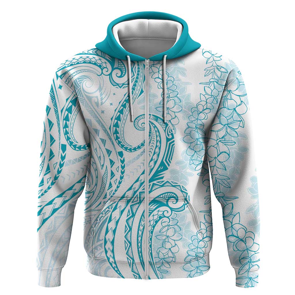 Polynesia Plumeria Lei Hoodie White Turquoise Curves Motif LT7 Zip Hoodie Turquoise - Polynesian Pride