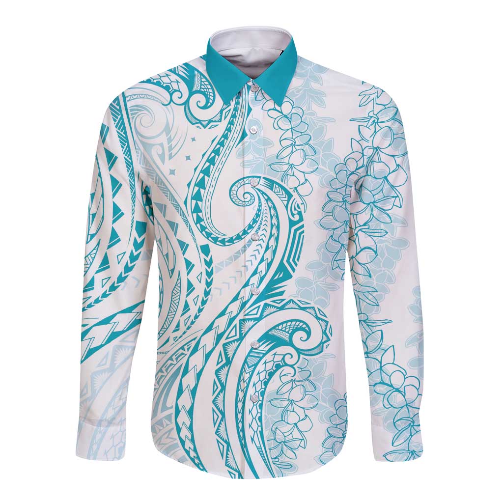 Polynesia Plumeria Lei Long Sleeve Button Shirt White Turquoise Curves Motif LT7 Unisex Turquoise - Polynesian Pride