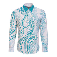 Polynesia Plumeria Lei Long Sleeve Button Shirt White Turquoise Curves Motif LT7 Unisex Turquoise - Polynesian Pride