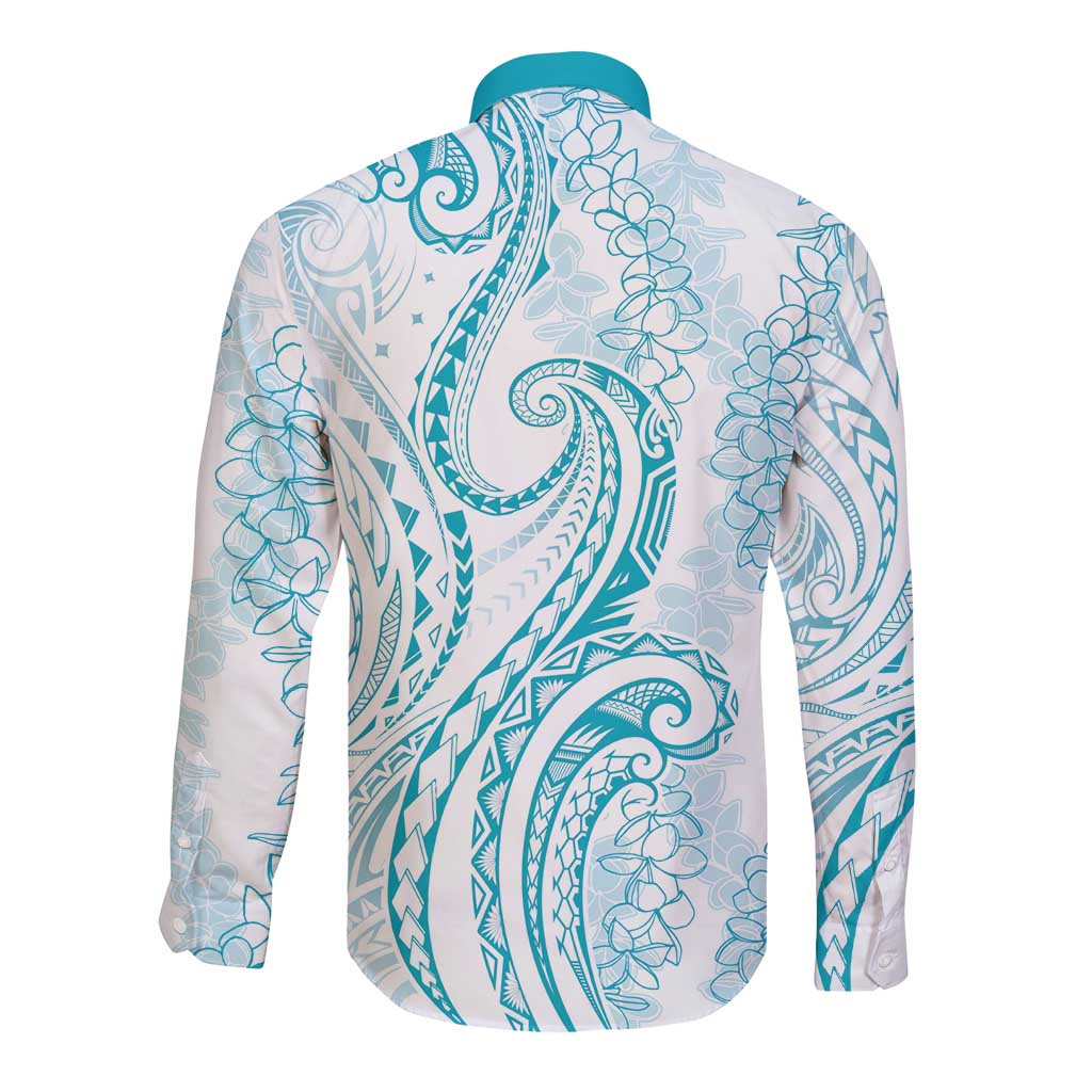 Polynesia Plumeria Lei Long Sleeve Button Shirt White Turquoise Curves Motif LT7 - Polynesian Pride