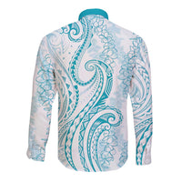 Polynesia Plumeria Lei Long Sleeve Button Shirt White Turquoise Curves Motif LT7 - Polynesian Pride