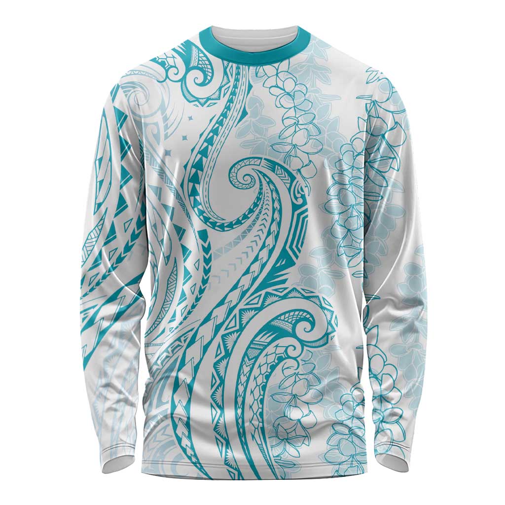 Polynesia Plumeria Lei Long Sleeve Shirt White Turquoise Curves Motif LT7 Unisex Turquoise - Polynesian Pride