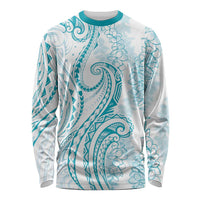 Polynesia Plumeria Lei Long Sleeve Shirt White Turquoise Curves Motif LT7 Unisex Turquoise - Polynesian Pride