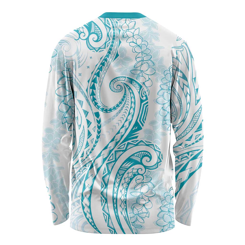Polynesia Plumeria Lei Long Sleeve Shirt White Turquoise Curves Motif LT7 - Polynesian Pride