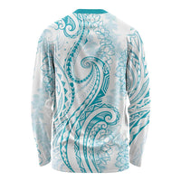 Polynesia Plumeria Lei Long Sleeve Shirt White Turquoise Curves Motif LT7 - Polynesian Pride