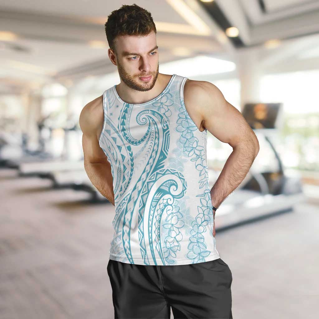 Polynesia Plumeria Lei Men Tank Top White Turquoise Curves Motif LT7 Turquoise - Polynesian Pride