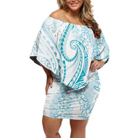 Polynesia Plumeria Lei Off Shoulder Short Dress White Turquoise Curves Motif LT7 Women Turquoise - Polynesian Pride