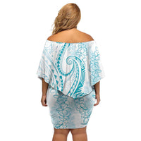 Polynesia Plumeria Lei Off Shoulder Short Dress White Turquoise Curves Motif LT7 - Polynesian Pride