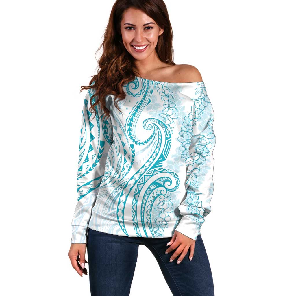Polynesia Plumeria Lei Off Shoulder Sweater White Turquoise Curves Motif LT7 Women Turquoise - Polynesian Pride