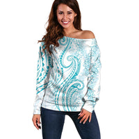 Polynesia Plumeria Lei Off Shoulder Sweater White Turquoise Curves Motif LT7 Women Turquoise - Polynesian Pride