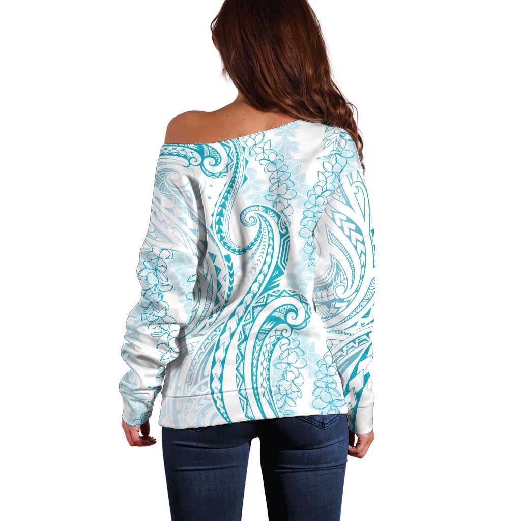 Polynesia Plumeria Lei Off Shoulder Sweater White Turquoise Curves Motif LT7 - Polynesian Pride