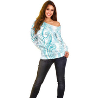 Polynesia Plumeria Lei Off Shoulder Sweater White Turquoise Curves Motif LT7 - Polynesian Pride