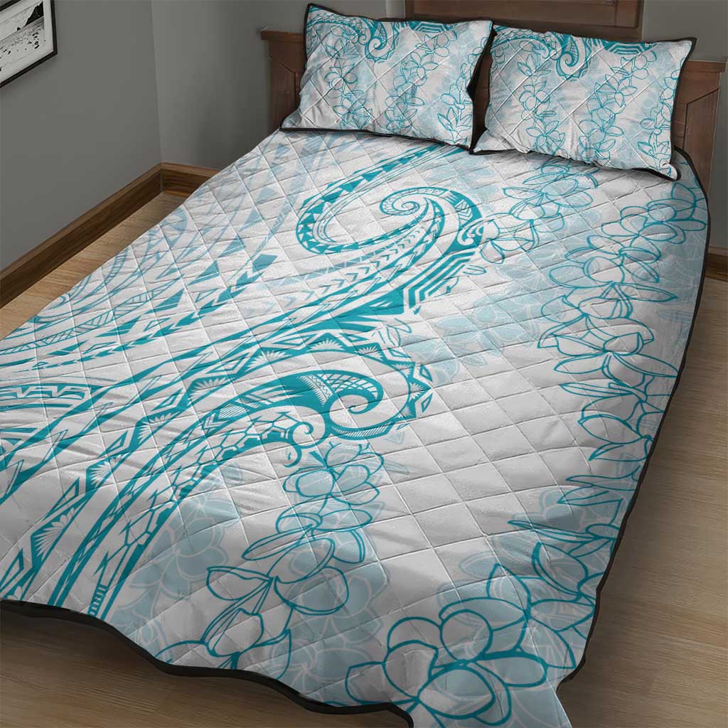 Polynesia Plumeria Lei Quilt Bed Set White Turquoise Curves Motif LT7 - Polynesian Pride