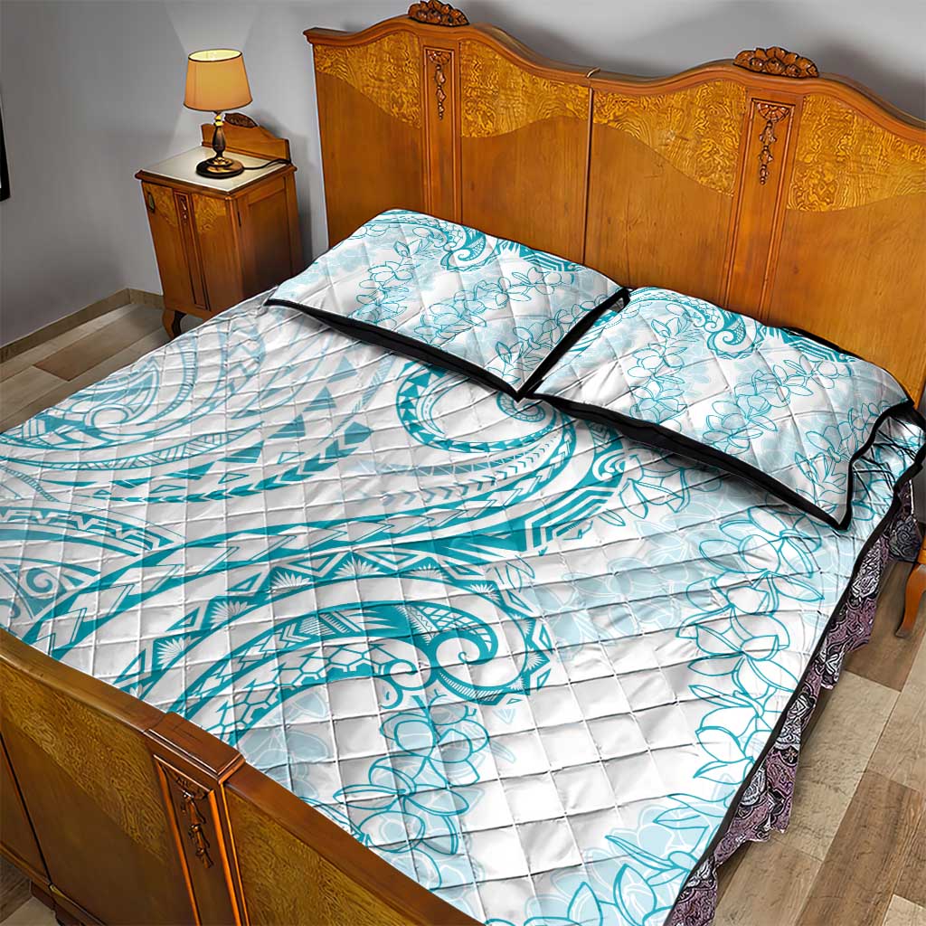 Polynesia Plumeria Lei Quilt Bed Set White Turquoise Curves Motif LT7 - Polynesian Pride