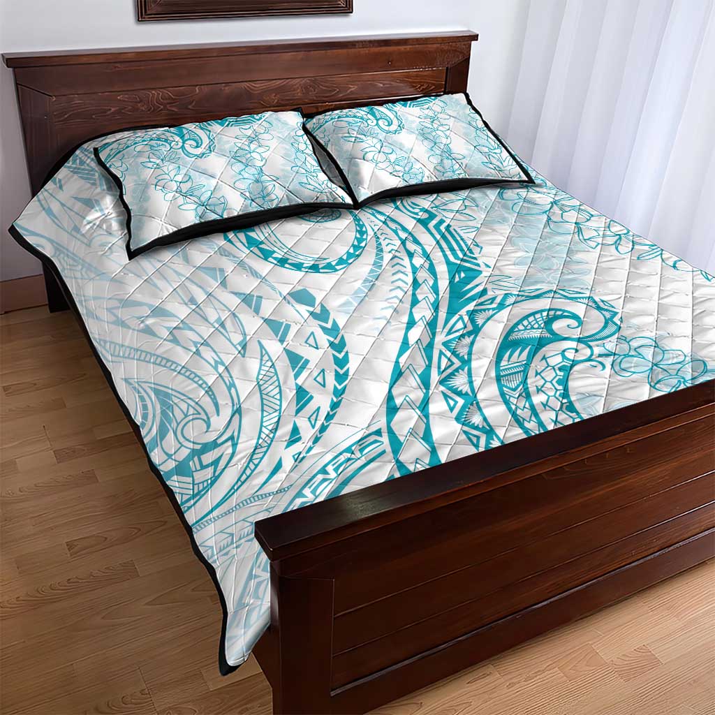 Polynesia Plumeria Lei Quilt Bed Set White Turquoise Curves Motif LT7 - Polynesian Pride