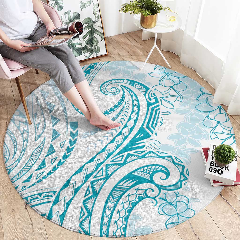Polynesia Plumeria Lei Round Carpet White Turquoise Curves Motif LT7 - Polynesian Pride