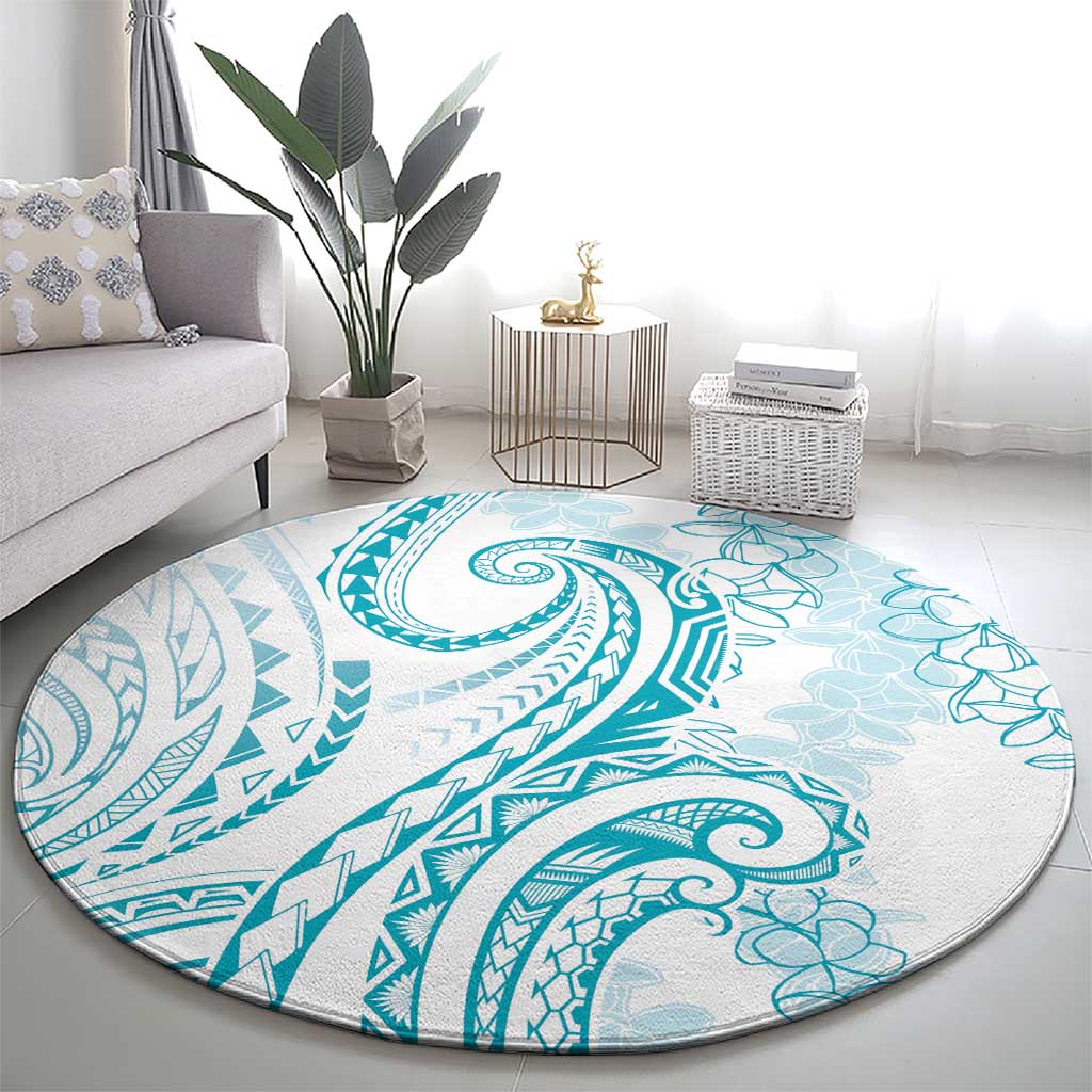 Polynesia Plumeria Lei Round Carpet White Turquoise Curves Motif LT7 - Polynesian Pride