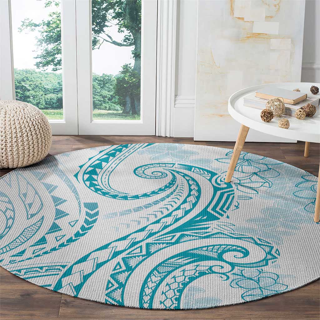 Polynesia Plumeria Lei Round Carpet White Turquoise Curves Motif LT7 - Polynesian Pride