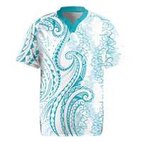 Polynesia Plumeria Lei Rugby Jersey White Turquoise Curves Motif LT7 Turquoise - Polynesian Pride