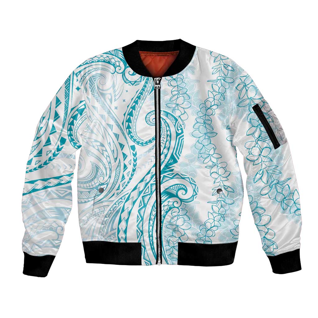 Polynesia Plumeria Lei Sleeve Zip Bomber Jacket White Turquoise Curves Motif LT7 Unisex Turquoise - Polynesian Pride