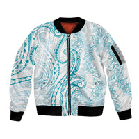Polynesia Plumeria Lei Sleeve Zip Bomber Jacket White Turquoise Curves Motif LT7 Unisex Turquoise - Polynesian Pride