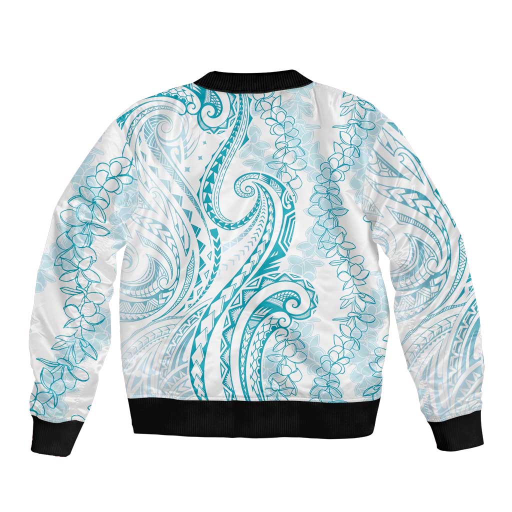 Polynesia Plumeria Lei Sleeve Zip Bomber Jacket White Turquoise Curves Motif LT7 - Polynesian Pride