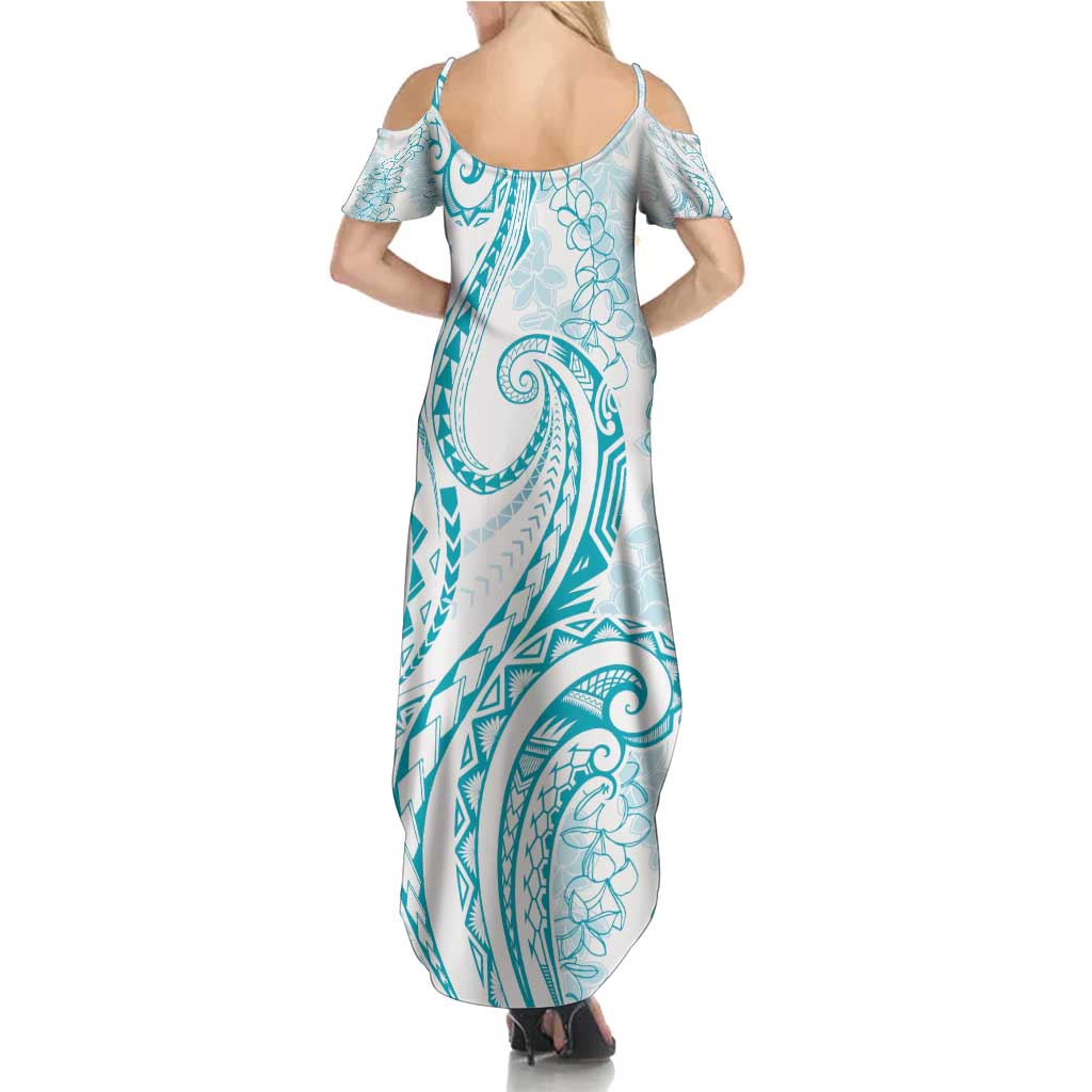 Polynesia Plumeria Lei Summer Maxi Dress White Turquoise Curves Motif LT7 - Polynesian Pride