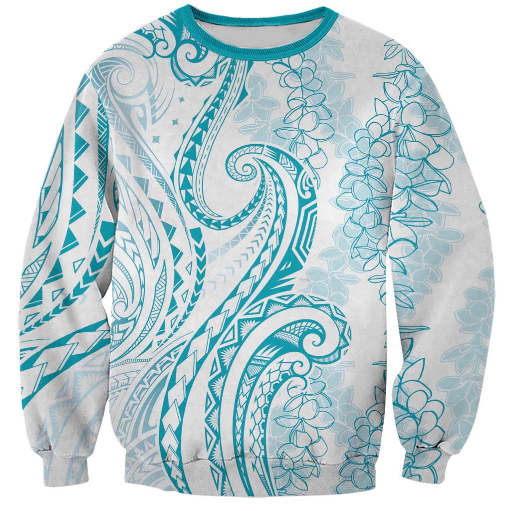 Polynesia Plumeria Lei Sweatshirt White Turquoise Curves Motif LT7 Unisex Turquoise - Polynesian Pride