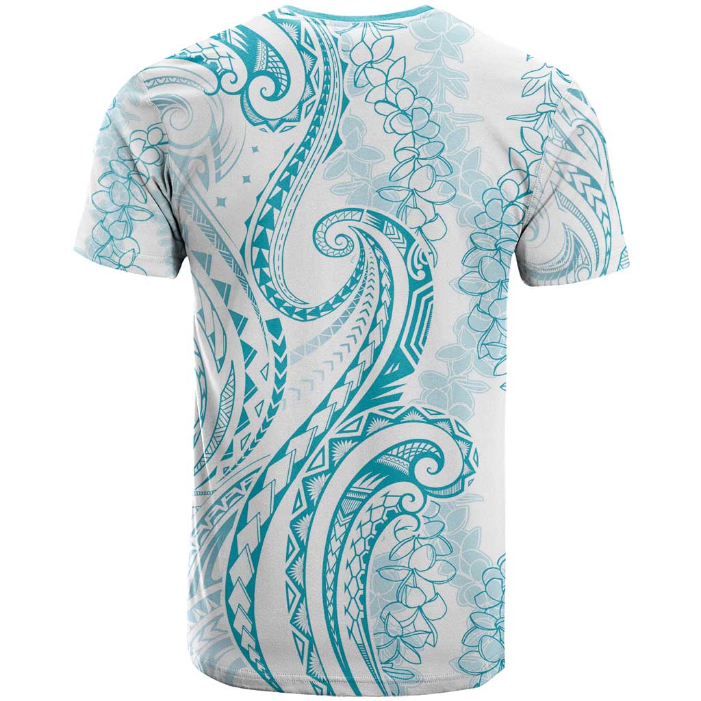 Polynesia Plumeria Lei T Shirt White Turquoise Curves Motif LT7 - Polynesian Pride