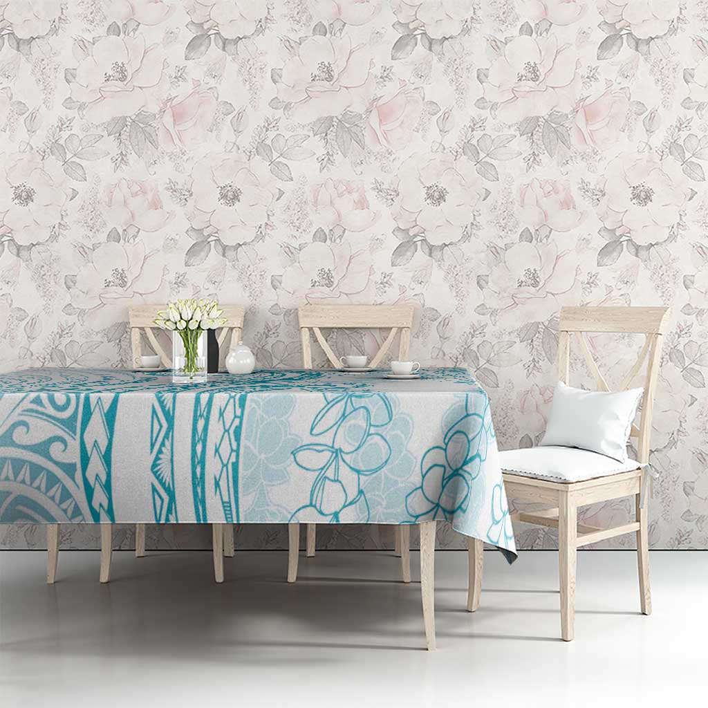 Polynesia Plumeria Lei Tablecloth White Turquoise Curves Motif LT7 - Polynesian Pride