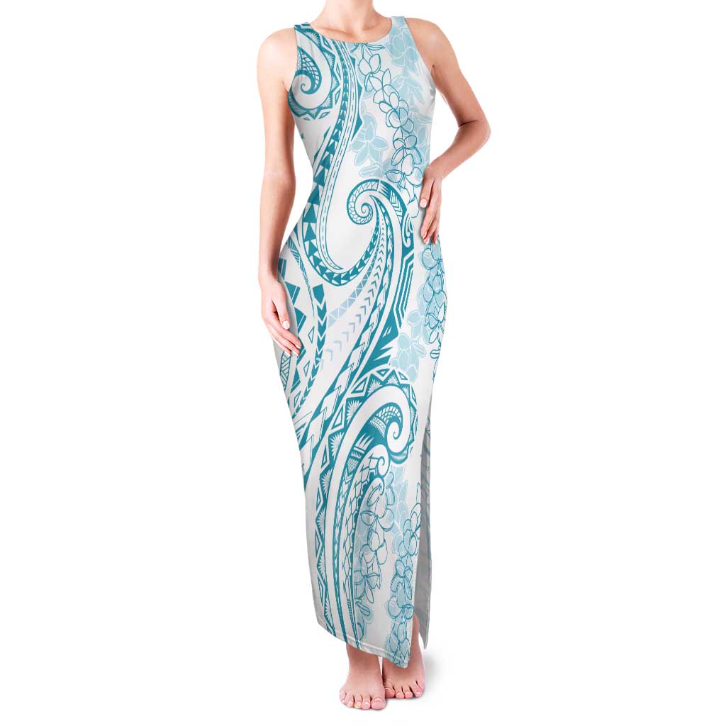 Polynesia Plumeria Lei Tank Maxi Dress White Turquoise Curves Motif LT7 Women Turquoise - Polynesian Pride