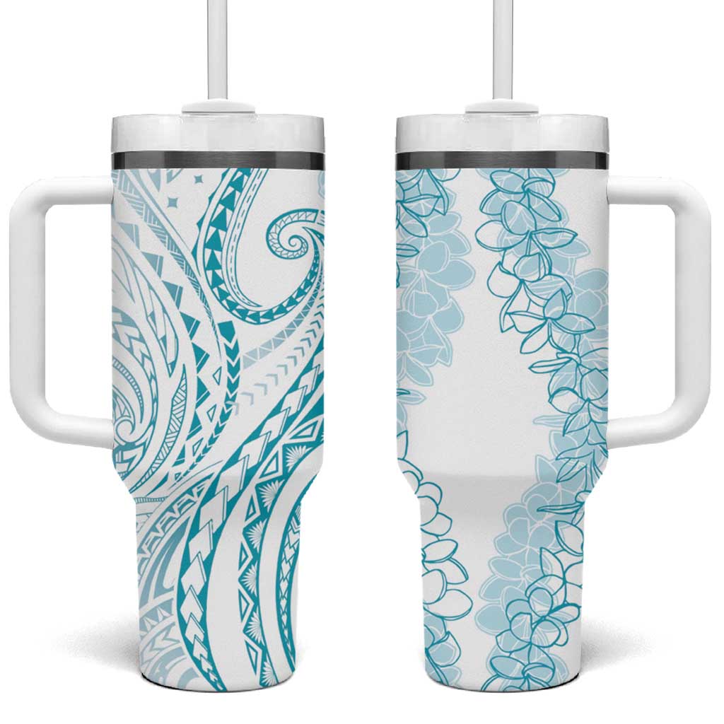 Polynesia Plumeria Lei Tumbler With Handle White Turquoise Curves Motif LT7 One Size: 40 oz Turquoise - Polynesian Pride