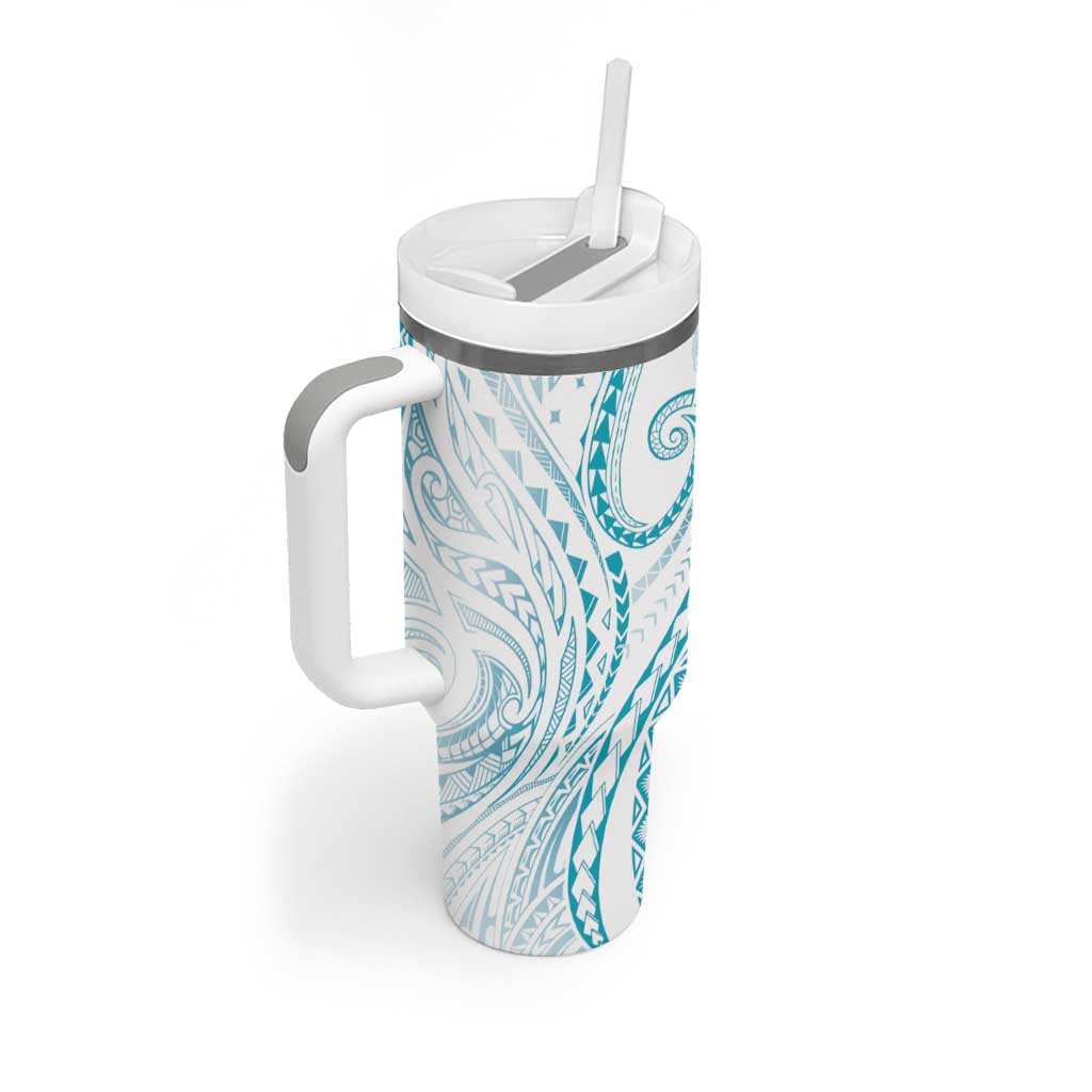 Polynesia Plumeria Lei Tumbler With Handle White Turquoise Curves Motif LT7 - Polynesian Pride